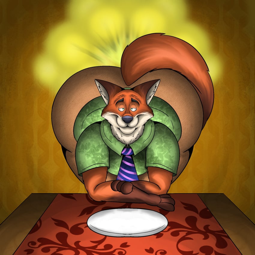 1:1 anthro ass big_butt canid canine clothed clothing disney fart fart_cloud fox gassy hi_res male mammal nick_wilde plate smelly solo sunflower_fox thick_thighs zootopia