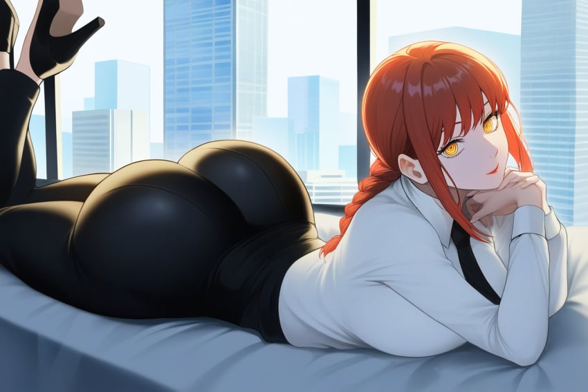 ai_generated alternate_breast_size chainsaw_man huge_ass huge_breasts large_ass large_hips laying_down lubbasdump makima_(chainsaw_man) massive_ass office on_stomach orange_eyes pale_skin red_hair slacks wide_hips