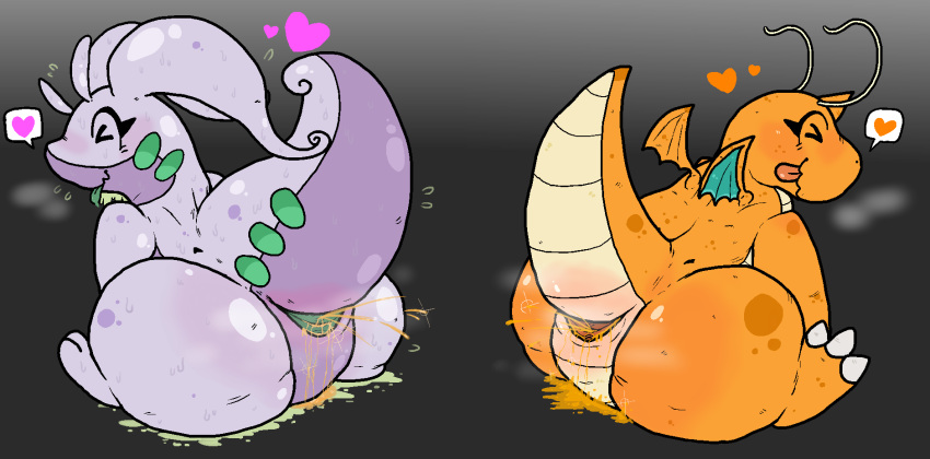 2girls bahamutgreen big_butt blush butt cloaca closed_eyes dragonite goodra heart multiple_girls nintendo peeing pokémon_(species) pokemon pokemon_(species) steam thick_tail thick_thighs tongue_out urine