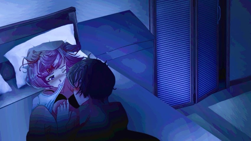 1boy 1girls anon black_bra bra bra_up brown_hair cg cg_art closed closet ddlc_mod doki_doki_exit_music_(ddlc_mod) doki_doki_literature_club duo female increased_brightness laying_down laying_on_back laying_on_bed leg_up mod mod_art natsuki_(doki_doki_literature_club) one_breast_out one_eye_closed pillow pink_eyes pink_hair shirt shirt_up white_shirt