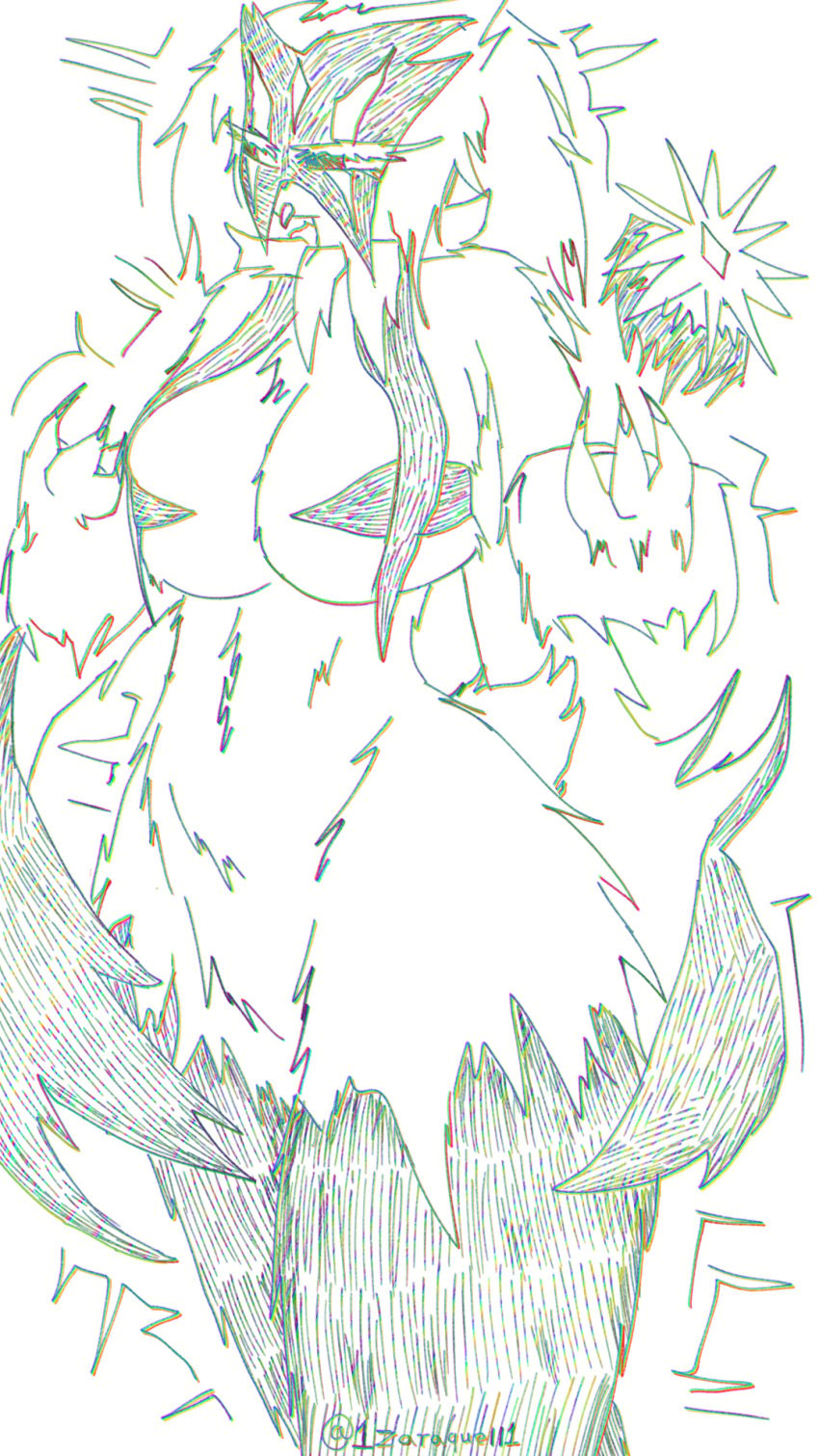 1zaraquell1 anthro artist_name artist_signature big_breasts covered_nipples female fluffy fur furry masked_female meowscarada pokemon pokemon_(species) sharp_claws taller_girl thick_thighs tongue_out voluptuous_female wide_hips