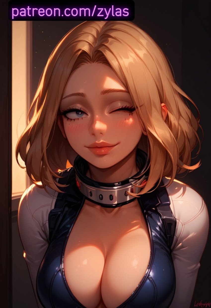 ai_generated big_breasts blonde_female blonde_hair blush bodysuit boku_no_hero_academia camie_utsushimi exposed_breasts hero_outfit_(mha) my_hero_academia naked_female pink_nipples pose ryuuziken01 short_hair utsushimi_camie