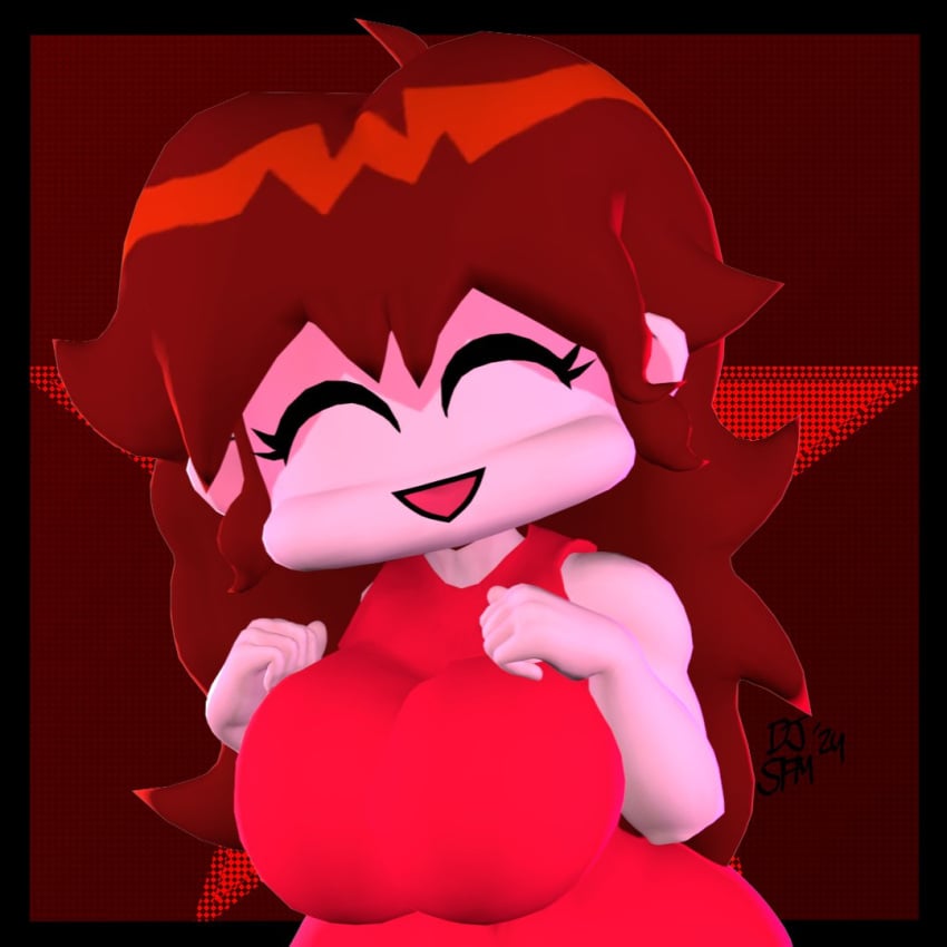 1female 1girl 1girls 3d 3d_(artwork) 3d_model big_breasts boobs breasts closed_eyes clothed clothed_female dakotajam dress female female_only friday_night_funkin girlfriend_(friday_night_funkin) long_hair open_mouth open_smile red_dress red_hair smile solo solo_female solo_focus tits twitter