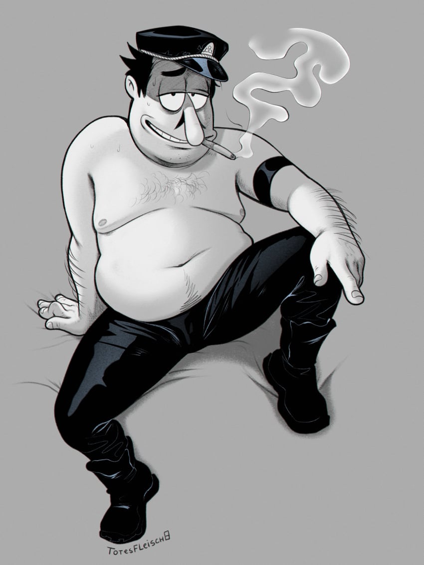 belly chubby_male fanart fat_man hairy_arms hairy_chest hairy_male leather_cap leather_pants looking_at_viewer peppino_spaghetti pizza_tower smiling smocking smoke solo_male totesfleisch8