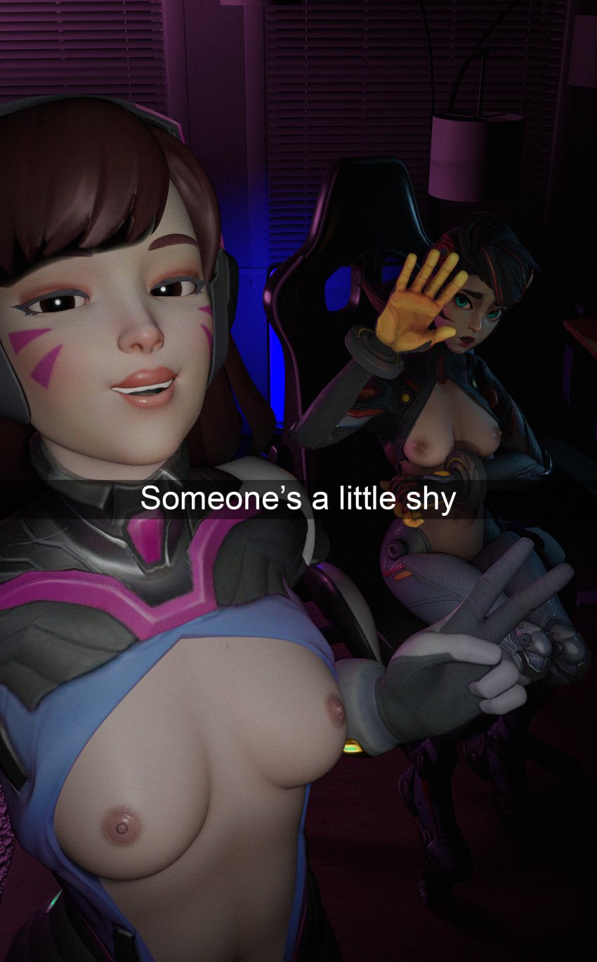 2girls 3d 3d_(artwork) boobs breasts camera camera_flash camera_pov camera_view computer_chair d.va female female_focus female_only gaming_chair looking_at_viewer marvel_rivals overwatch peni_parker peni_parker_(marvel_rivals) selfie small_breasts streamer streaming v