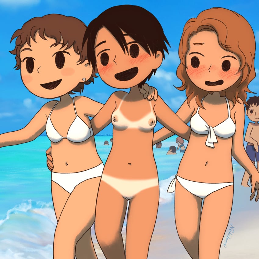 4girls 5boys arm_around_waist beach bikini bikini_tan black_eyes black_hair blue_sky blush breasts brown_hair commentary day earrings english_commentary exhibitionism highres jewelry male_swimwear multiple_boys multiple_girls navel nekobungi_sumire nipples nude ocean open_mouth original public_indecency pussy short_hair sky small_breasts stud_earrings swim_trunks swimsuit tan tanlines water white_bikini