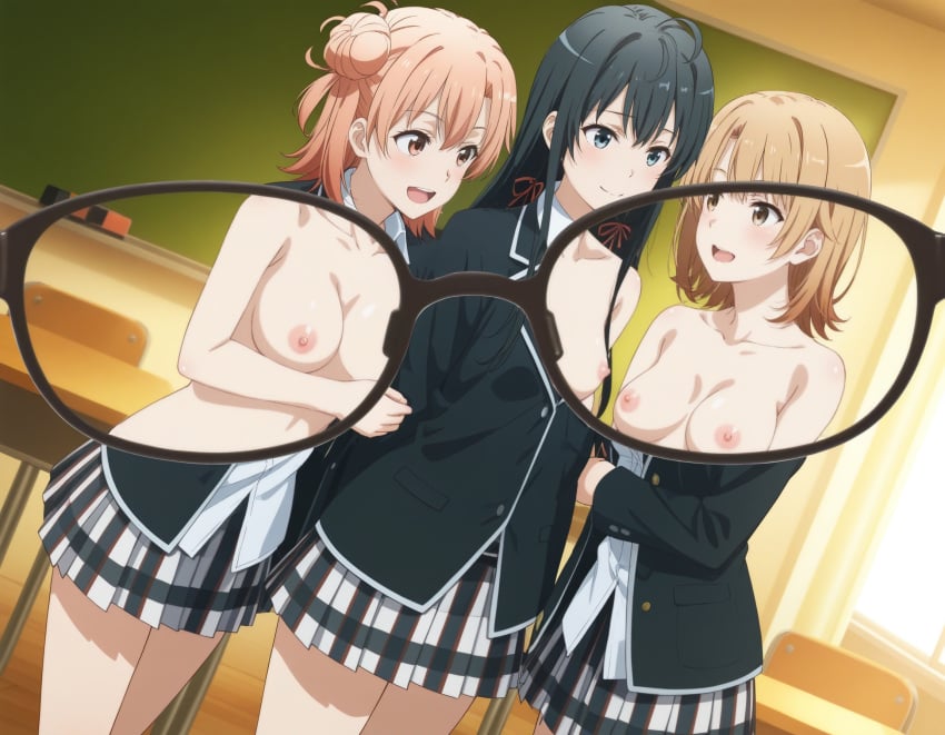 3girls ai_generated blonde_hair blue_eyes glasses isshiki_iroha my_teen_romantic_comedy_snafu nude_filter nudity orange_hair yellow_eyes yuigahama_yui yukinoshita_yukino