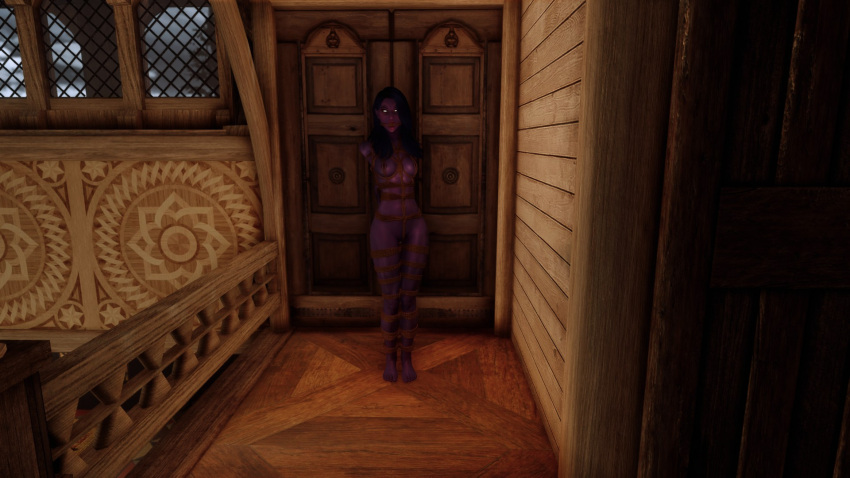 3d arms_behind_back black_hair bondage bound bound_legs gag gagged n00nex purple_skin purple_skinned_female skyrim the_elder_scrolls