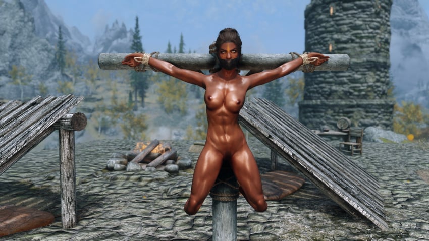 3d bondage bound_wrists completely_nude completely_nude_female crucifixion dark_skin dark_skinned_female gag gagged mod n00nex nude nude_female nude_mod skyrim the_elder_scrolls