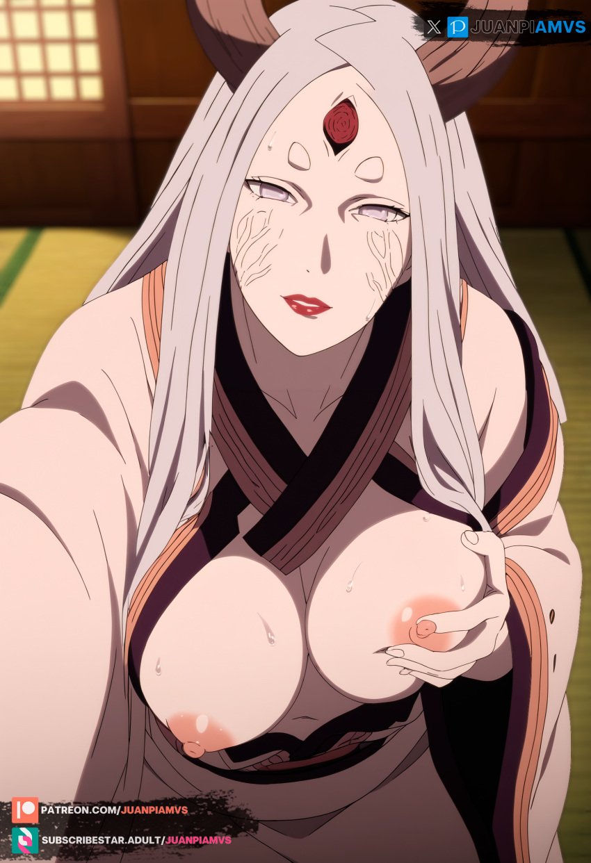 ai_generated big_breasts female grabbing_own_breast horns juanpiamvs kaguya_otsutsuki long_hair looking_at_viewer naruto naruto_(series) naruto_shippuden otsutsuki_kaguya patreon patreon_username silver_eyes silver_hair subscribestar subscribestar_username watermark