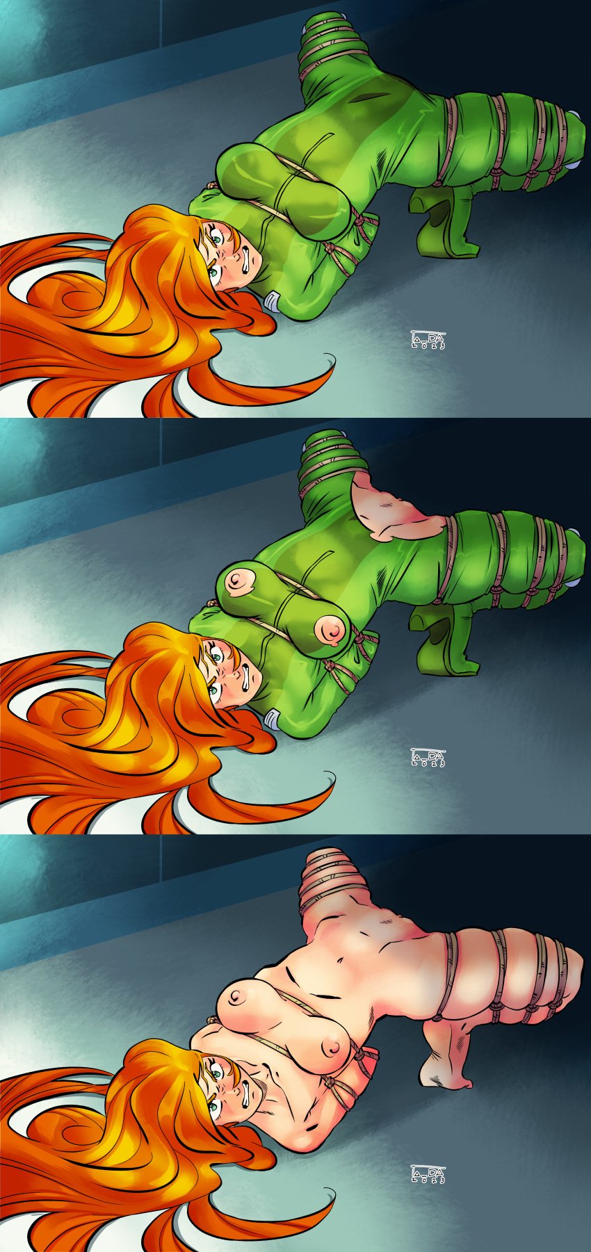 alex_(totally_spies) green_suit red_hair ripped_bodysuit rope rope_bondage ta_da totally_spies