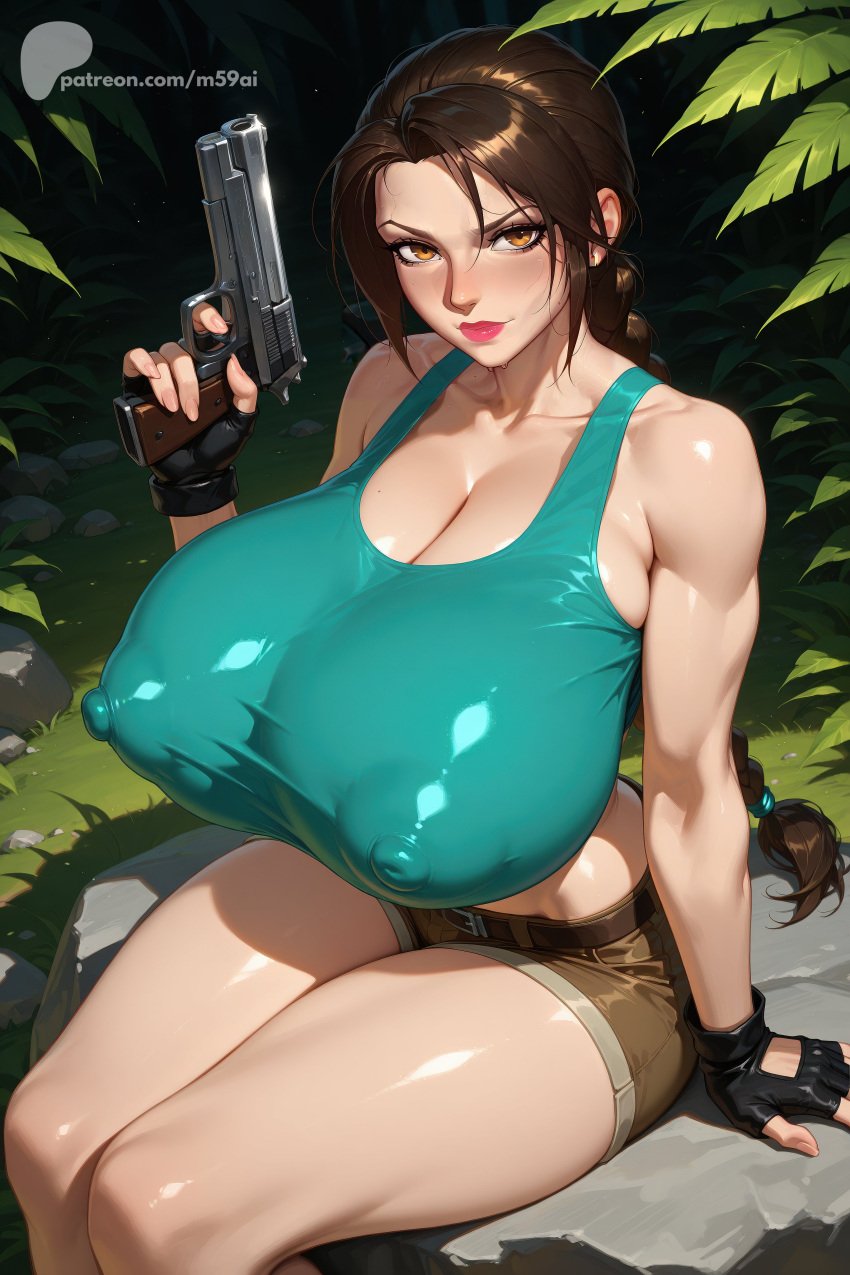 1girls ai_generated anime anime_style areola_bulge areola_outline areolae ass belt big_areola big_ass big_breasts big_nipples braid braided_hair braided_ponytail breasts breasts_bigger_than_head brown_eyes brown_hair cleavage crop_top curvy female female_only fingerless_gloves forest from_above gigantic_breasts gloves gun holding holding_object holding_weapon huge_ass huge_breasts human jungle lara_croft lara_croft_(classic) lara_croft_(survivor) large_areolae large_breasts legs_together long_braid long_hair long_ponytail looking_at_viewer m59ai nipple_bulge nipple_outline nipples pistol ponytail puffy_areola puffy_nipples sagging_breasts short_shorts shorts single_braid sitting skin_tight skindentation skintight slim_waist solo thick_thighs tomb_raider very_long_braid very_long_hair voluptuous wide_hips