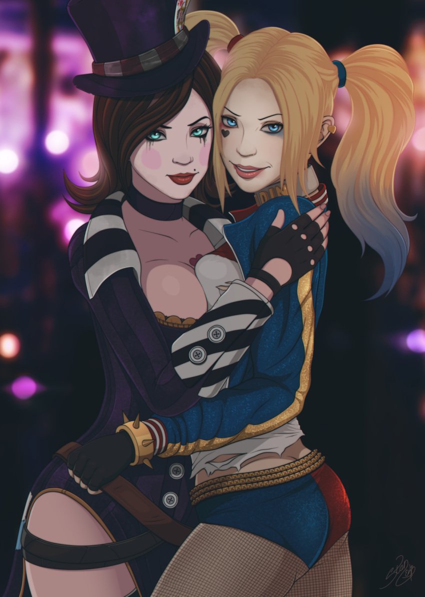 2girls ass borderlands borderlands_2 cleavage clothed crossover dc dc_comics embrace female female_only harley_quinn mad_moxxi sfan suicide_squad