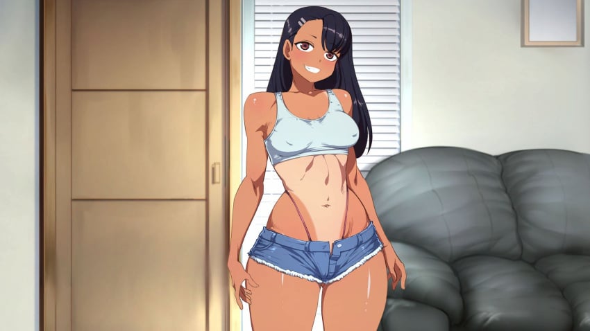 1girls black_body black_hair bokuman clothed clothed_female clothing female female_only hayase_nagatoro long_hair navel please_don't_bully_me,_nagatoro smile standing tanline voluptuous waifuhub