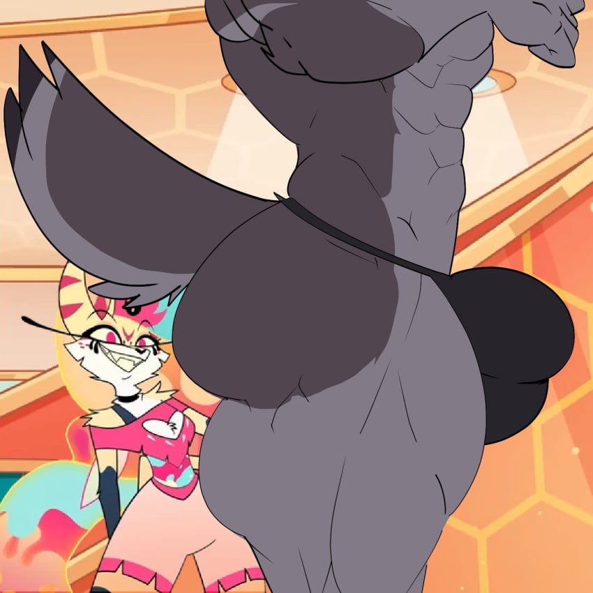 1:1 abs anthro arthropod ass bee big_bulge big_butt big_muscles black_body black_fur body_size_growth bulge canid canid_demon canine demon duo female fox fur grey_body grey_fur growth hellhound helluva_boss hi_res huge_butt huge_muscles huge_thighs hybrid hymenopteran insects larger_male male mammal multicolored_body multicolored_fur muscle_growth muscular muscular_anthro muscular_male muscular_thighs mythological_canine mythological_creature mythology oleanderin queen_bee-lzebub_(helluva_boss) size_difference size_transformation smaller_female tan_body tan_fur thick_thighs transformation vortex_(helluva_boss) yellow_body yellow_fur