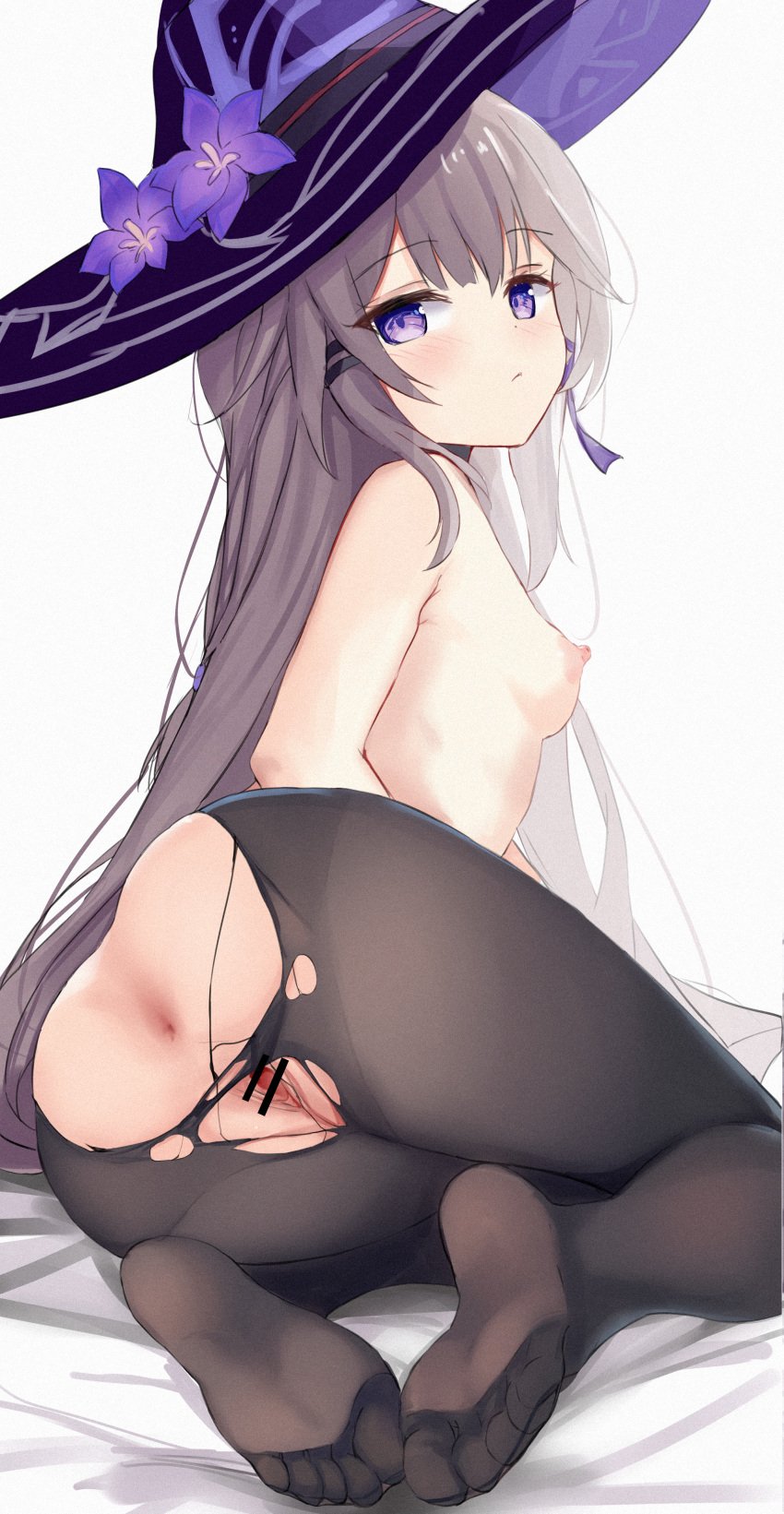 absurdres anus bar_censor black_pantyhose blush breasts censored chinese_commentary closed_mouth commentary_request feet female full_body grey_hair hamiro hat herta_(honkai:_star_rail) highres honkai:_star_rail honkai_(series) long_hair looking_at_viewer lying nipples no_shoes on_side pantyhose petite purple_eyes small_breasts soles solo spread_pussy the_herta_(honkai:_star_rail) toes topless torn_clothes torn_pantyhose very_long_hair witch_hat