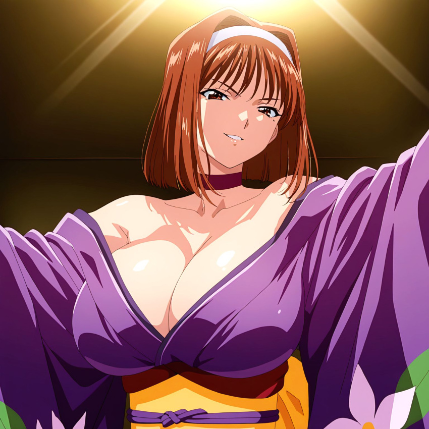 1girls big_breasts breasts brown_eyes brown_hair busty cleavage female female_only hairband hi_res japanese_clothes kanzaki_sumire large_breasts looking_at_viewer naughty_face sakura_wars sega short_hair smile solo voluptuous