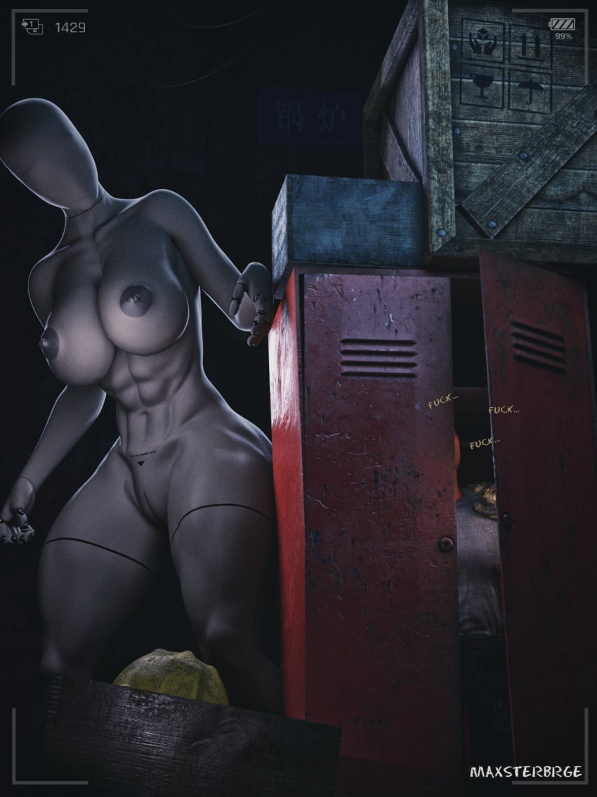 abdomen abs big_breasts box boxes breasts camera_view faceless faceless_character faceless_female helmet hunting mannequin maxsterbrge monster_girl muscular muscular_female nude nude_female pussy robot robot_girl robot_joints scared taller_female text