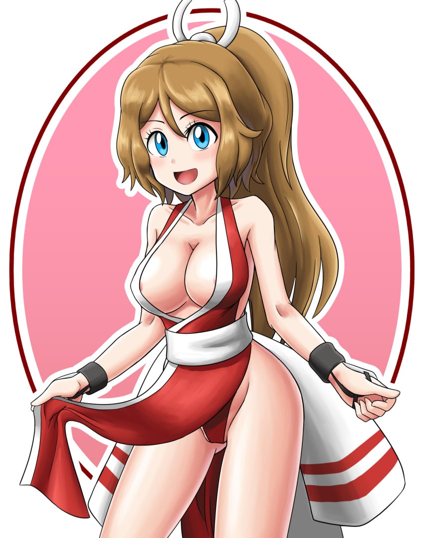 :d areola_slip blue_eyes breasts cleavage cosplay creatures_(company) crossover crossover_cosplay fatal_fury female game_freak hair_ornament highres large_breasts light_brown_hair long_hair looking_at_viewer mai_shiranui mai_shiranui_(cosplay) nintendo no_bra open_mouth panties pantyshot pokemon pokemon_(anime) pokemon_(game) pokemon_xy pokemon_xy_(anime) ponytail red_panties serena_(pokemon) shiranui_mai shiranui_mai_(cosplay) shougun_(chuckni1) smile snk solo the_king_of_fighters the_pokemon_company underwear