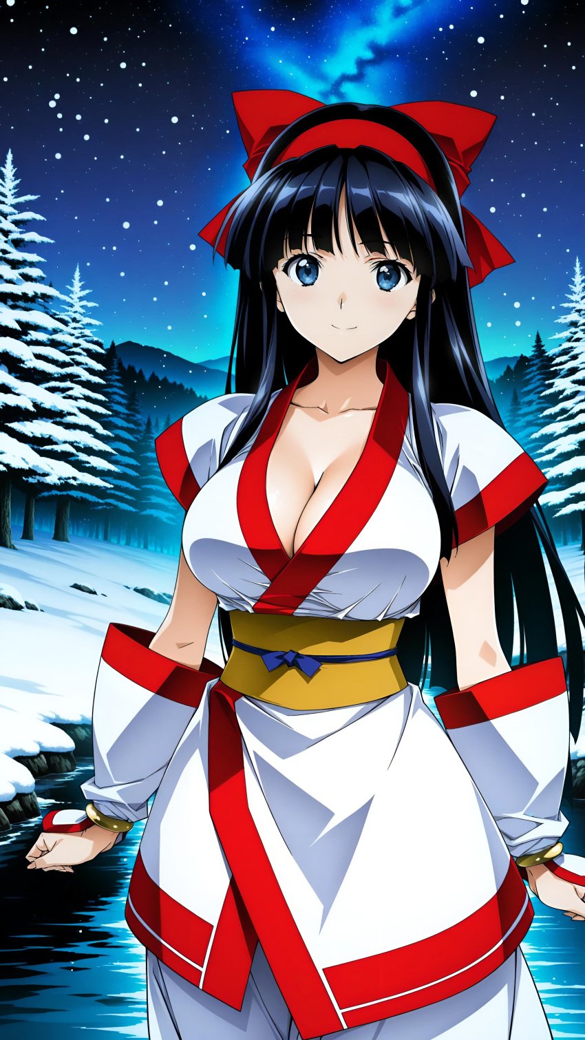 1girls ai_generated ainu_clothes big_breasts black_hair blue_eyes blush breasts busty cleavage fingerless_gloves gloves hair_ribbon highres king_of_fighters large_breasts legs long_hair looking_at_viewer nakoruru pants ribbon samurai_shodown smile snk solo thighs voluptuous winter