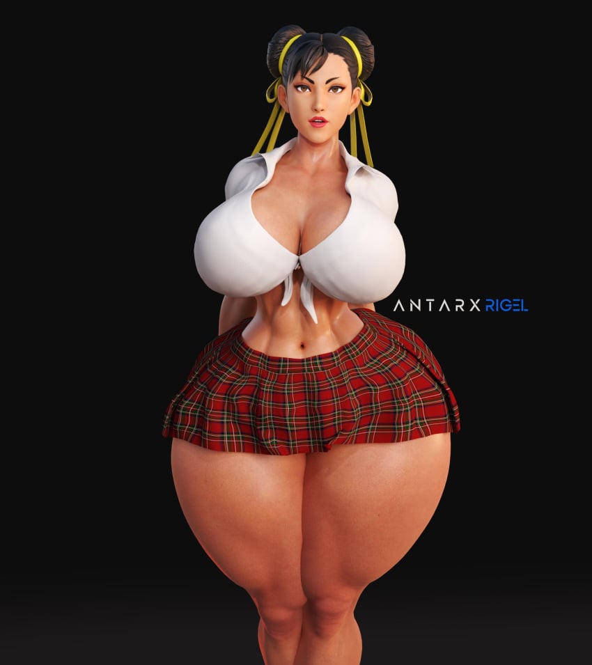 1girls 3d antarxrigel asian asian_bimbo asian_female bimbo chun-li hourglass_figure huge_breasts looking_at_viewer paag school_uniform street_fighter tagme