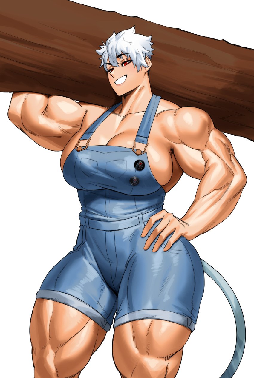 1girls absurd_res big_breasts dragon_ball fan_character female female_only hand_on_hip kei_(subway_gorilla) looking_at_viewer muscles muscular_arms muscular_female muscular_thighs overalls overalls_only red_eyes saiyan saiyan_girl short_hair sideboob smiling smiling_at_viewer solo sotcho tail teeth_showing tomboy white_background white_hair