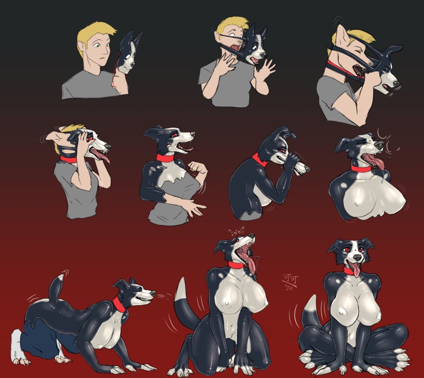 anthro big_breasts border_collie bound breasts canid canine canis claws cocofox collar collie digitigrade domestic_dog encasement female forced forced_transformation gender_transformation herding_dog hi_res huge_breasts human human_to_anthro latex living_latex male mammal mask_transformation mind_alteration mtf_transformation nipples nude open_mouth pastoral_dog paws sheepdog smile solo species_transformation tongue tongue_out transformation transformation_sequence