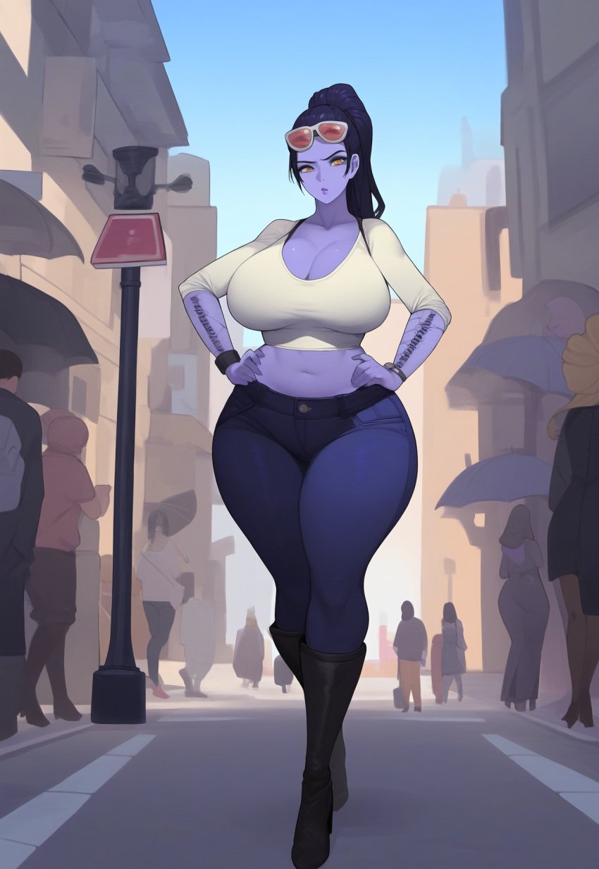 ai_generated alternate_breast_size big_lips huge_breasts huge_lips large_breasts lipstick lubbasdump massive_hips overwatch purple_skin wide_hips widowmaker