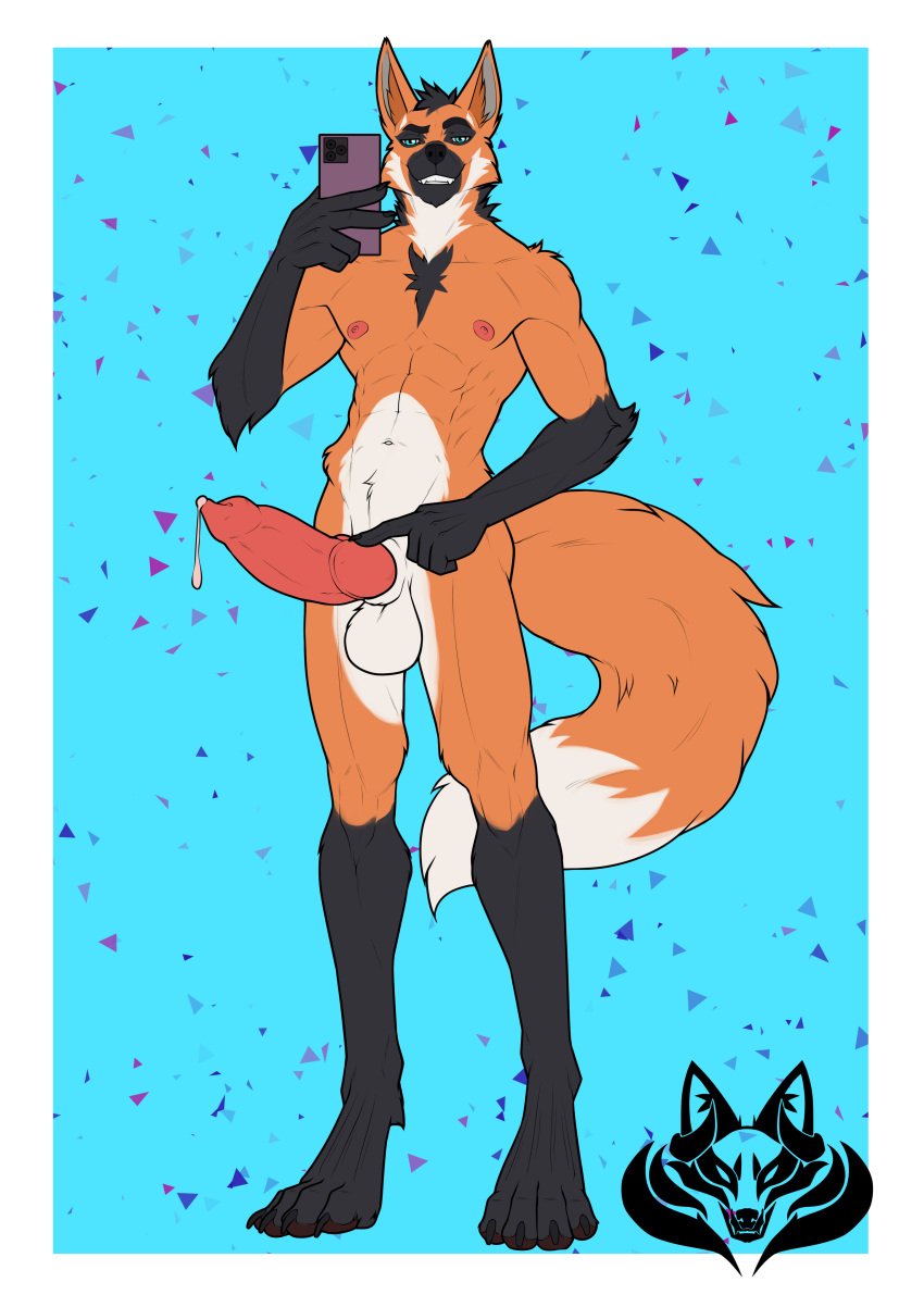 anthro anthro_only athletic_male balls black_fur black_hair black_mane blue_background blue_eyes canid canine canine_genitalia canine_penis fur furry furry_ears furry_male furry_only fursona gay leaking_cum male maned_wolf manly mirror_selfie nipples orange_fur phone red_cock red_dick red_penis self_upload selfie smile smiling smiling_at_viewer tail tail_wagging tall white_balls white_fur wolf wolf_ears wolf_tail