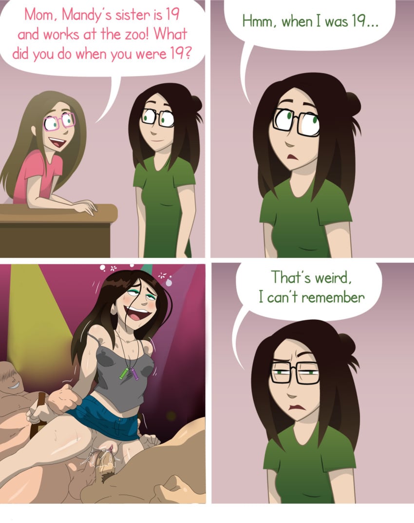 clothed_female_nude_male comic double_vaginal drunk elizabeth_(pizzacakecomics) ellen_(pizzacakecomics) flashback fucked_silly glasses glowstick_necklace koni_urameshi makeup mother_and_daughter parody pizzacakecomics webcomic