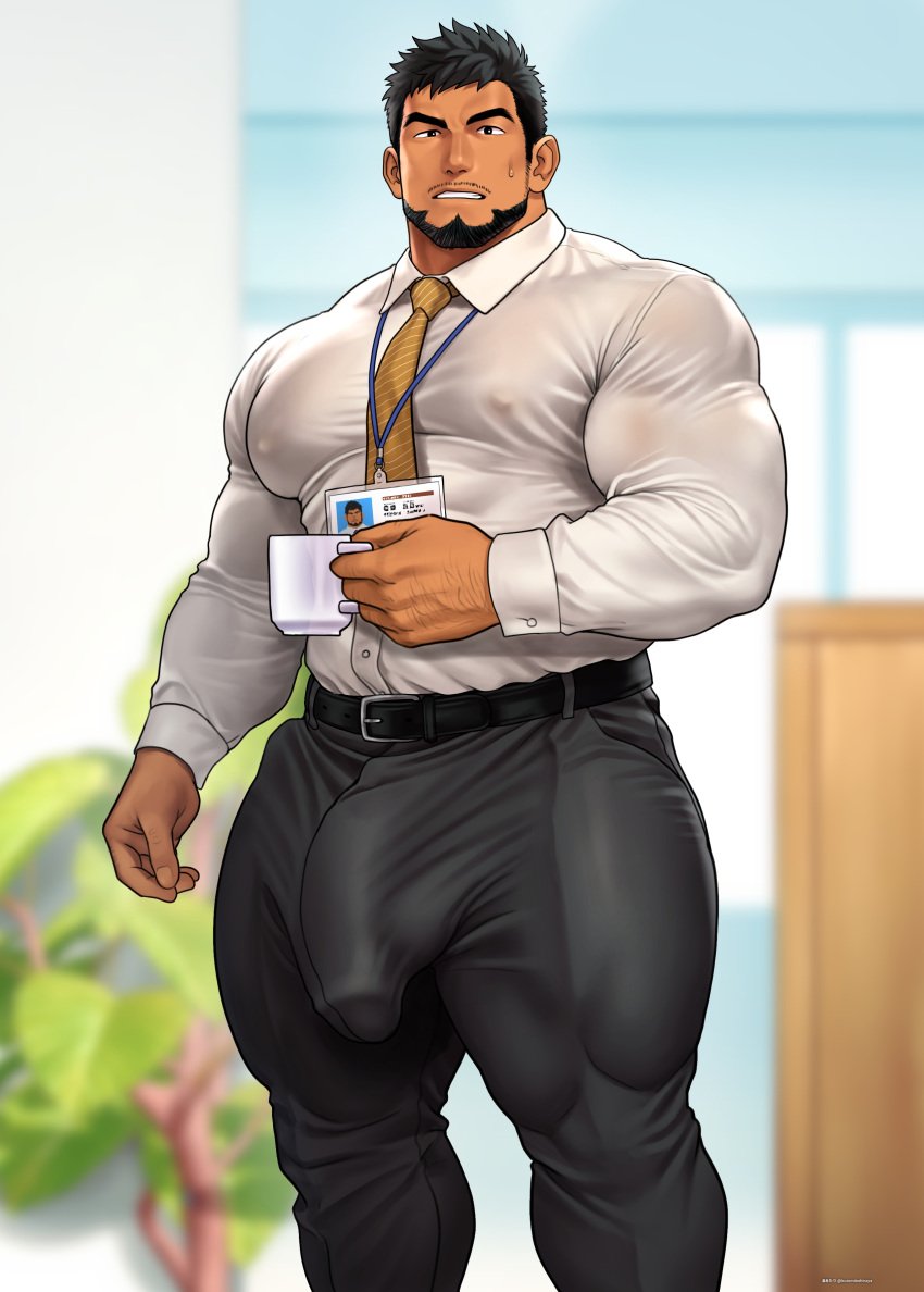 abs bara biceps big_cock big_muscles big_pecs big_penis black_hair bodybuilder high_resolution highres huge_cock kuromine_hiraya large_balls large_cock large_penis large_testicles male male_only massive_balls massive_cock massive_penis muscle muscles muscular muscular_back muscular_male muscular_thighs nipples office pecs penis solo solo_male tan_skin thick_thighs tie tight_clothing yuatari