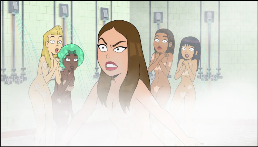 5girls angry black_hair blonde_hair breasts brown_hair casual dark-skinned_female dark_skin female female_only gigi_(velma) human krista_(velma) light-skinned_female locker_room long_hair multiple_girls naked naked_female navel nude nude_female official_art pale_skin public scared_expression scooby-doo screencap screenshot short_hair shover shower shower_cap showering showering_together soap soap_censor steam steamy tan-skinned_female velma_(series)