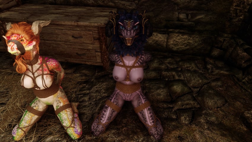 2girls 3d argonian argonian_female arms_behind_back bondage bound bound_arms gag gagged horns kneeling kneeling_female n00nex purple_skin purple_skinned_female scalie skyrim the_elder_scrolls