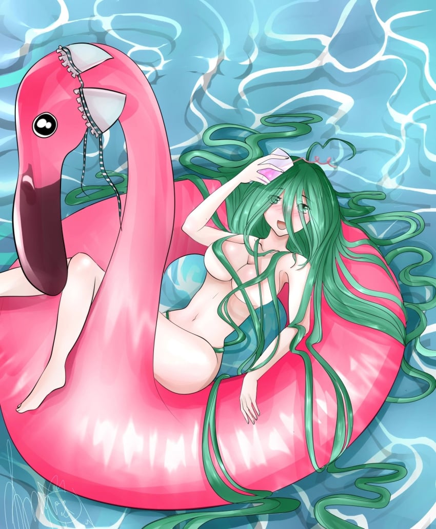 2d 2d_(artwork) belly_button big_breasts bikini_bottom bikini_top_removed breasts cellphone date_a_live floatie green_hair half_naked kakak kyouno_natsumi light-skinned_female long_hair pool thighs