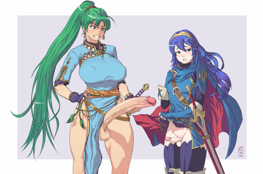 2futas balls big_breasts blue_hair bottomless breasts busty erect_nipples fire_emblem fire_emblem:_the_blazing_blade fire_emblem_awakening futa_only futanari glans green_hair hourglass_figure intersex kupocun large_breasts long_hair lucina_(fire_emblem) lyn_(fire_emblem) nipple_bulge penis penis_size_difference standing thick_thighs veiny_penis wide_hips