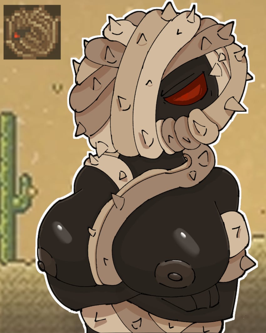 1girls 2024 angry angry_tumbler angry_tumbler_(terraria) big_breasts breasts crossed_arms female female_only hi_res huge_breasts red_eyes sodacrumble solo terraria tumbleweed