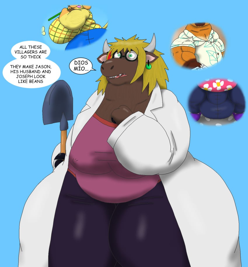 alythewolfcat animal_crossing anthro arthropod big_breasts big_bulge bovid bovine breasts bulge butterfly canid canine canis cassandra_julardas cattle clothing coat detailed_bulge domestic_dog ear_piercing ear_ring english_text erect_nipples eyewear female foggy_glasses genital_outline glasses goldie_(animal_crossing) hi_res horn huge_breasts huge_bulge huge_hips hyper hyper_bulge hyper_hips insects lab_coat lepidopteran male mammal morbidly_obese muscular muscular_male nintendo nipple_outline nipples obese overweight overweight_female penis_outline piercing raccoon_dog ring_piercing shovel spanish_text tanuki text thought_bubble tom_nook_(animal_crossing) tools topwear wearing_glasses wide_hips