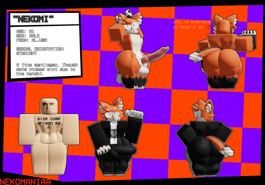 1boy 3d anthro ass canine_penis erection_under_clothes femboy fox fur furry male male_focus male_only nekomaniaa nekomi_(nekomaniaa) oc original_character reference_sheet roblox robloxian self_upload size_comparison tagme