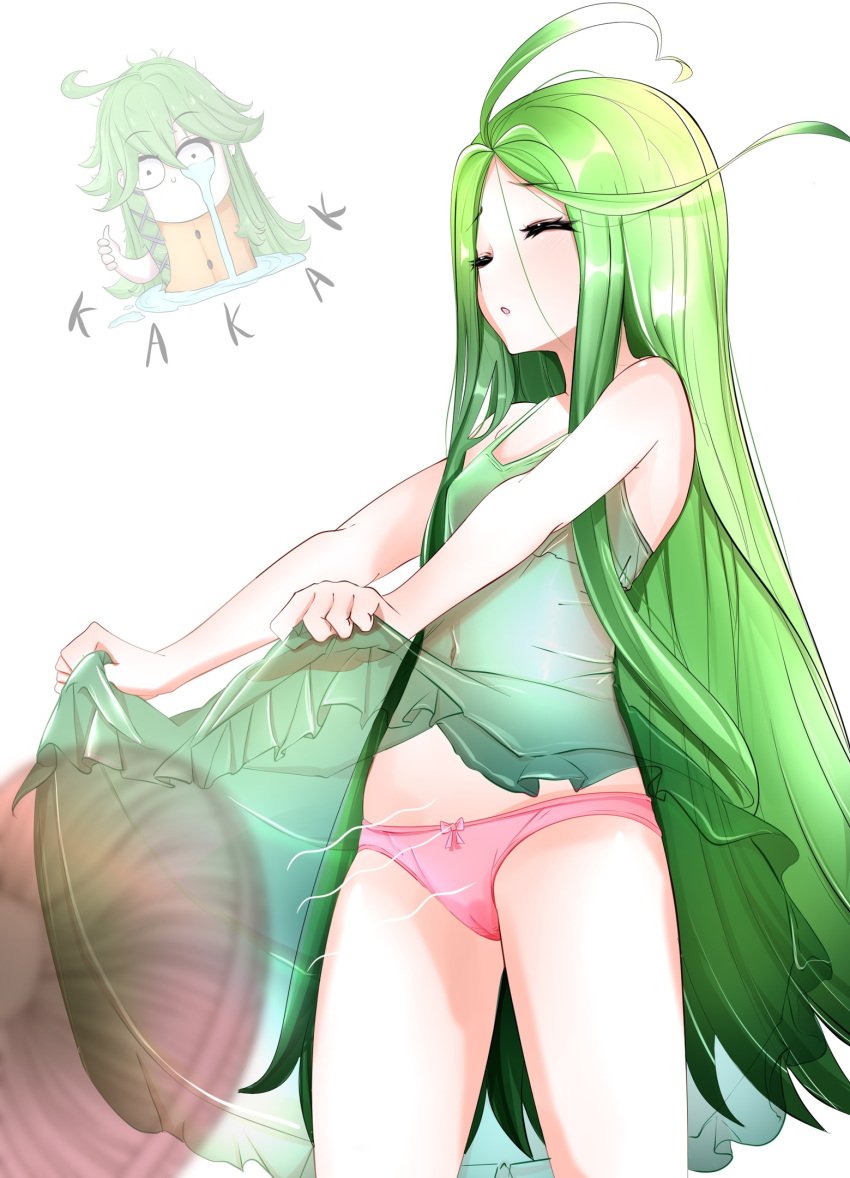 1girls 2d 2d_(artwork) breasts closed_eyes date_a_live dress dress_lift green_hair kakak kyouno_natsumi light-skinned_female long_hair panties small_breasts solo solo_female thighs