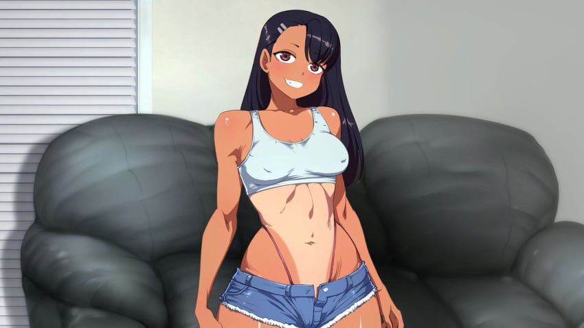 1girls black_hair bokuman clothed clothed_female clothing female female_only hayase_nagatoro long_hair navel please_don't_bully_me,_nagatoro sitting_on_sofa smile sofa tanline voluptuous waifuhub