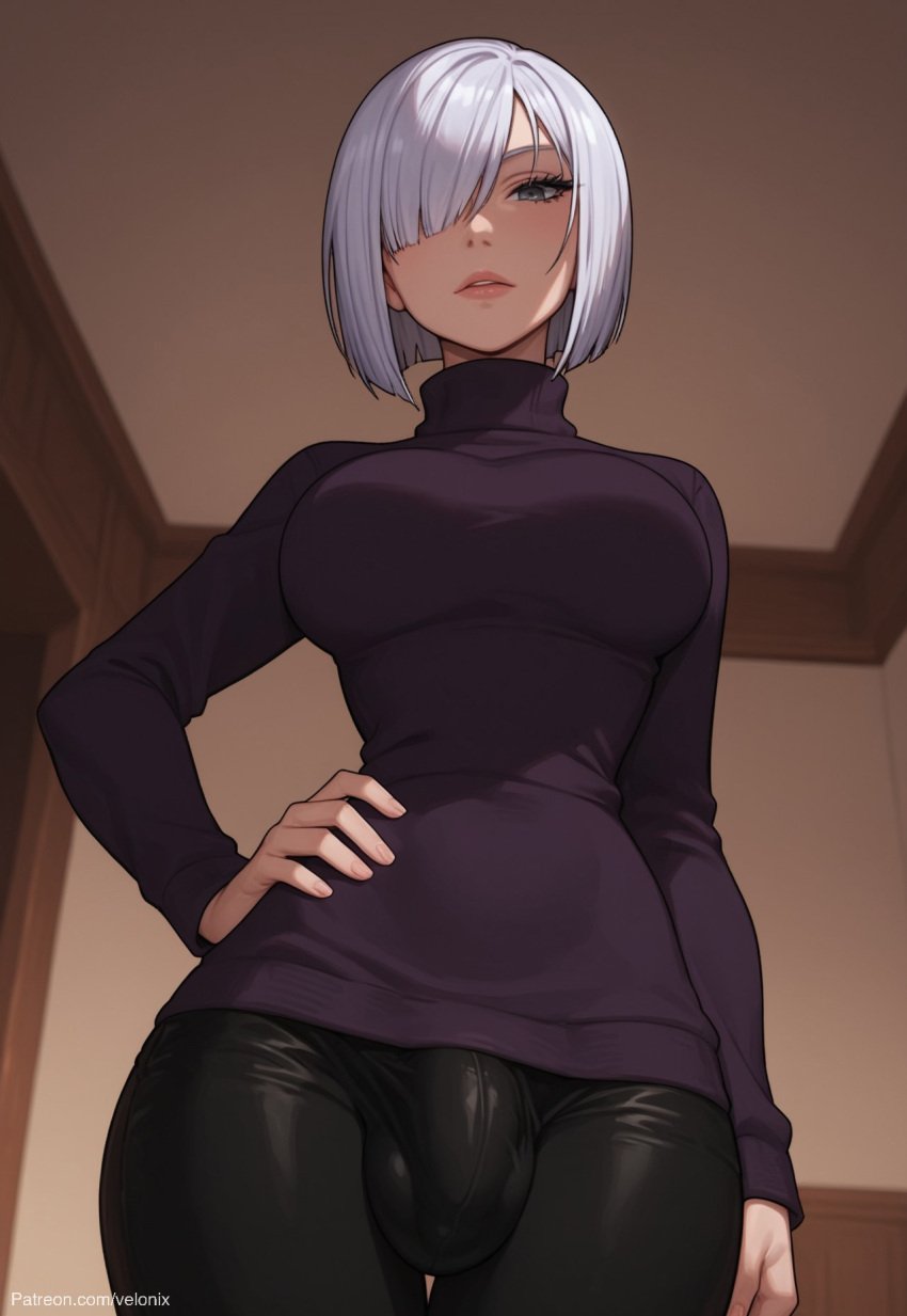 1futa 1futanari ai_generated ass bare_breasts big_ass big_breasts big_butt big_hips big_penis black_pants bob_cut breasts bulge bulge_through_clothing clothed clothed_futanari dick dickgirl emotionless emotionless_female eyebrows eyelashes fiona_frost futa_only futanari grey_eyes hair hair_over_eye hair_over_one_eye hand_on_hip hands-free huge_cock indoors leather_pants lips looking_at_viewer looking_down looking_down_at_viewer makeup medium_breasts medium_hair narrow_waist narrowed_eyes nightfall_(spy_x_family) nose pants penis purple_sweater short_hair smooth_balls smooth_penis smooth_skin solo solo_dickgirl solo_focus solo_futa solo_futanari spy_x_family sweater testicles turtleneck turtleneck_sweater velonix white_hair