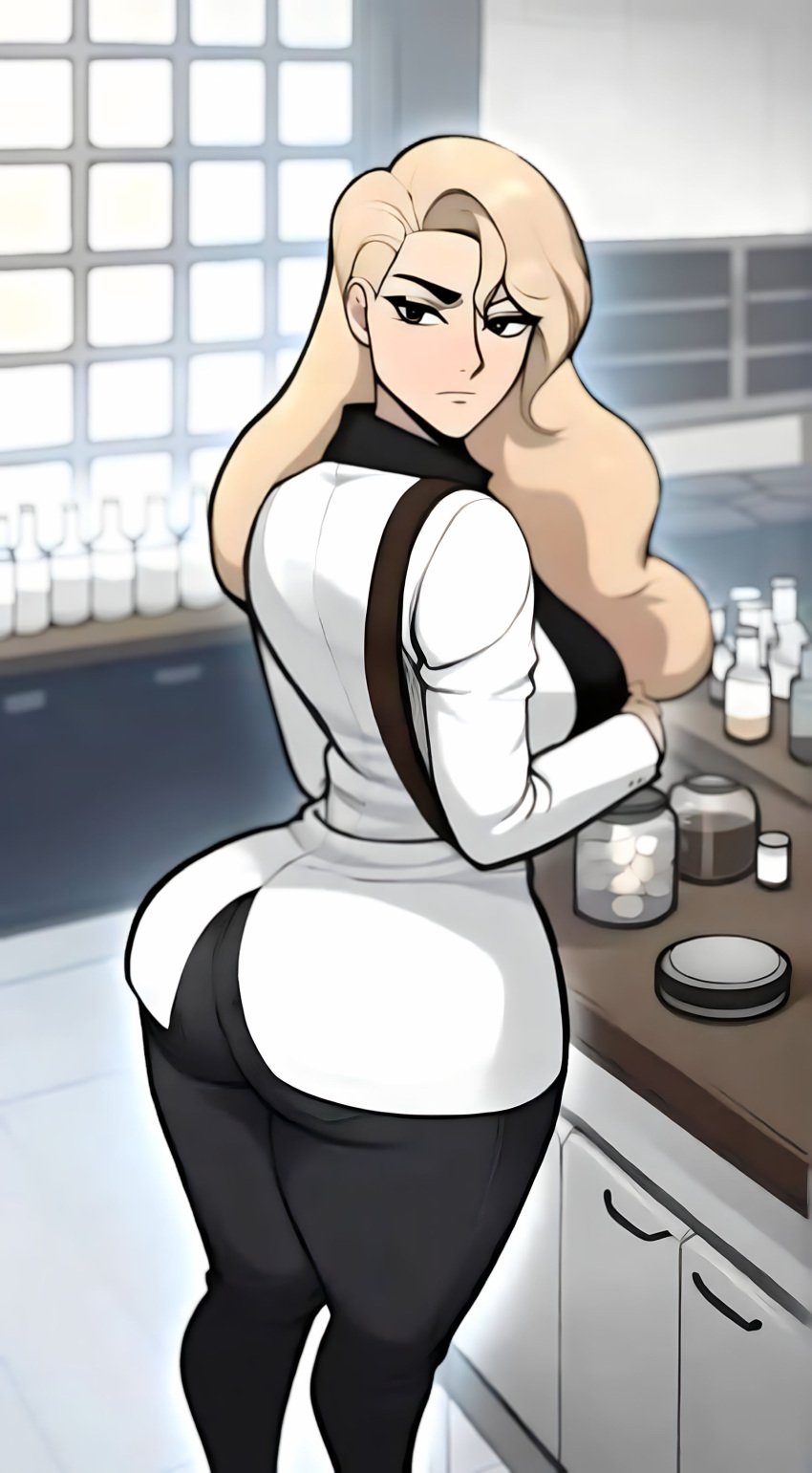 1girls ai_generated amelia_buck big_ass black_eyes black_pants blonde_hair booty laboratory scp_foundation solo tales_from_the_foundation white_coat white_skin