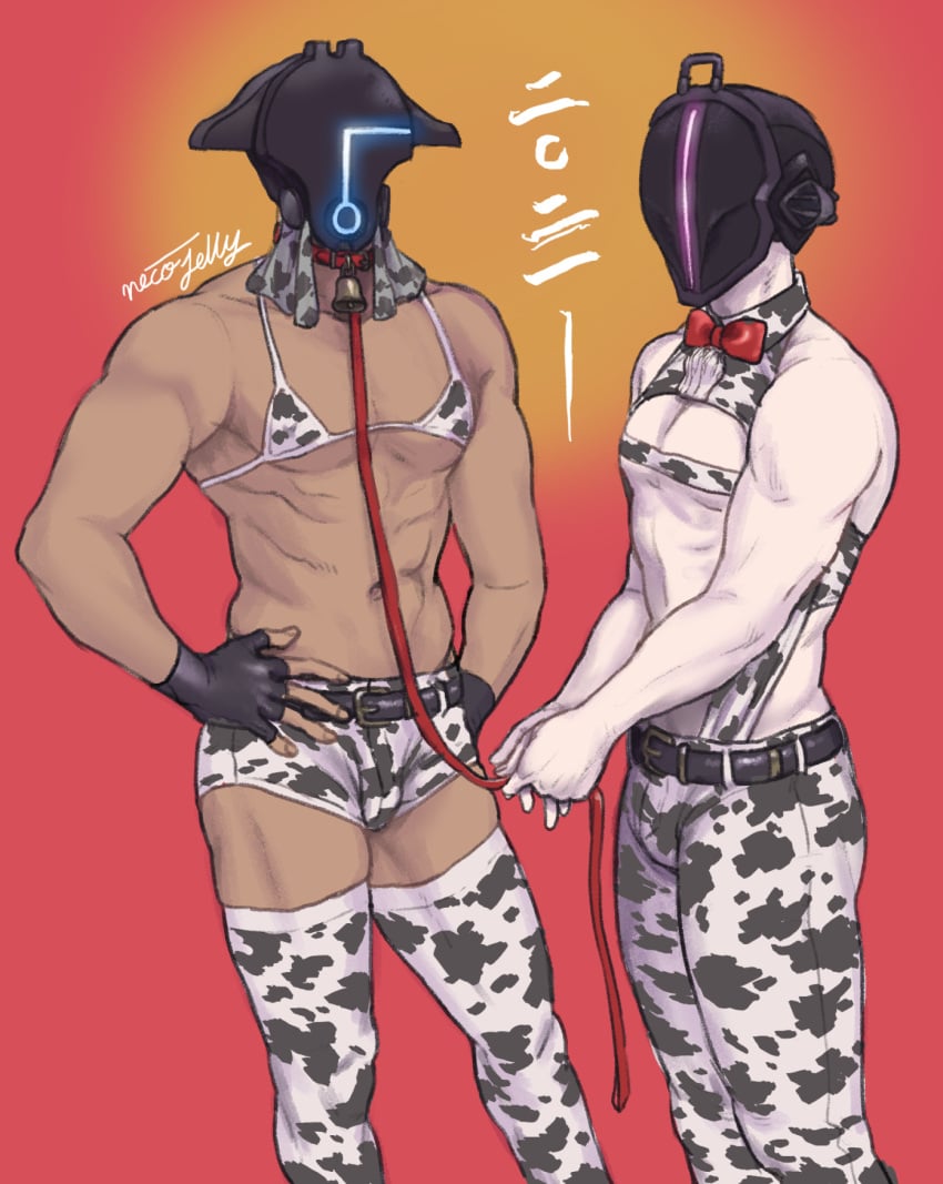 2boys bikini bondrewd bowtie brown_skin bulge chocolate_and_vanilla collar cow_bikini cow_boy cow_print cow_print_bikini cow_print_thighhighs cowbell dark-skinned_male dark_skin dilf fingerless_gloves gloves gueira hands_on_hips helmet leash leash_and_collar leotard made_in_abyss male male_only mask masked masked_male muscular muscular_male necojelly pale-skinned_male pale_skin short_shorts shorts tan_skin thighhighs zettai_ryouiki