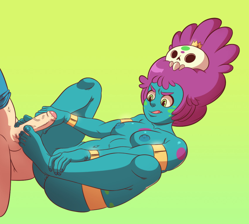 adventure_time blue_skin bodypaint cartoon_network feet finn_the_human footjob gradient_background green_eyes jungle_princess okaylevy partial_male purple_hair