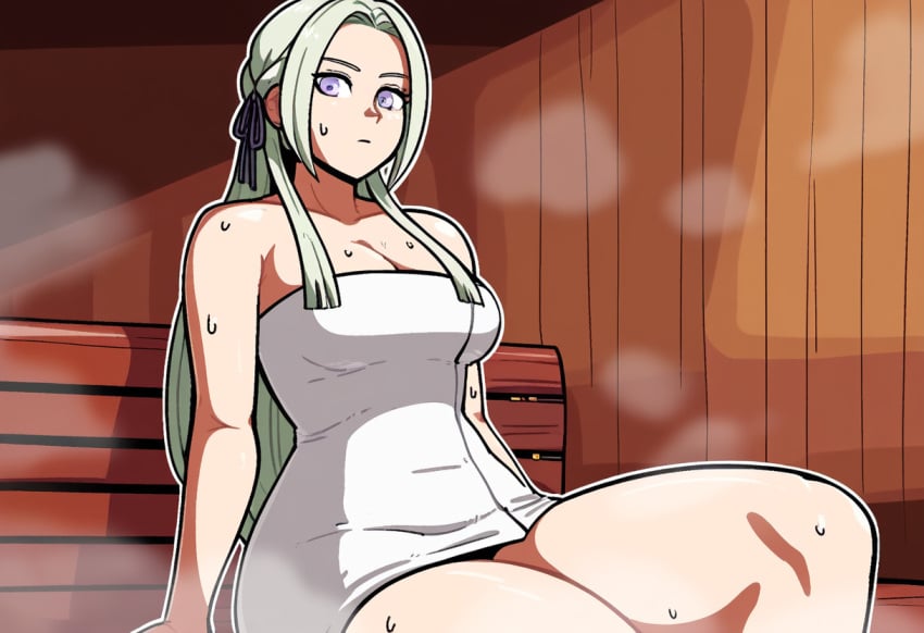 1girls ai_generated edelgard_von_hresvelg fire_emblem fire_emblem:_three_houses hourglass_figure long_hair medium_breasts novelai pale_skin princess purple_eyes purple_ribbon royalty sauna student teenage_girl teenager thick_thighs towel white_hair