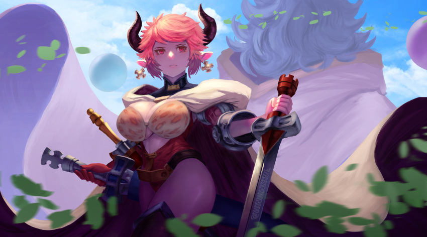 1boy 1girls blue_hair cape curvy drang_(granblue_fantasy) draph dual_wielding dudeunderscore ear_piercing earrings erune granblue_fantasy horns large_breasts leaves leopard_print leotard long_hair naked_thighhighs pink_eyes pink_hair pointy_ears standing_behind sturm_(granblue_fantasy) sword thunderthighs