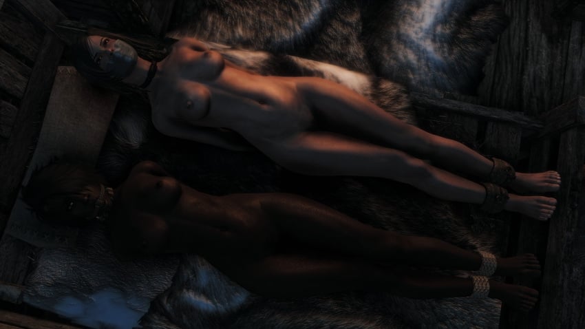 2girls 3d arms_behind_back bondage bound_ankles completely_nude completely_nude_female dark_skin dark_skinned_female gag gagged mod n00nex nude nude_female nude_mod skyrim the_elder_scrolls