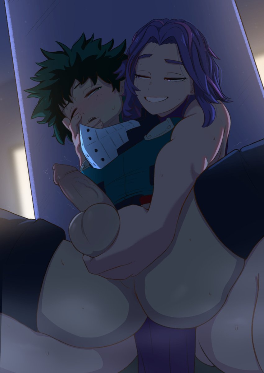 1boy absurdres assertive_female boku_no_hero_academia breasts commentary english_commentary female foreskin freckles greatm8 green_hair grin half-closed_eye half-closed_eyes highres lady_nagant large_breasts looking_at_another midoriya_izuku multicolored_hair naughty_face parted_lips penis penis_grab photoshop_(medium) pink_hair purple_eyes purple_hair reach-around sleeveless smile spread_legs straight testicles two-tone_hair