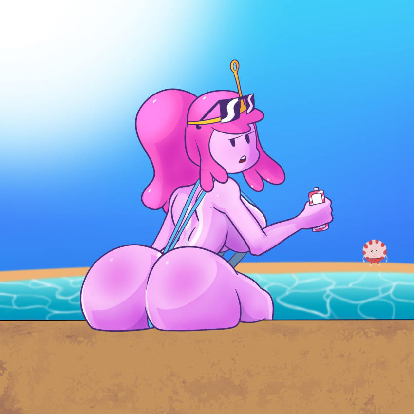 adventure_time ass big_ass bubble_butt commission dat_ass female looking_at_viewer peppermint_butler pink_skin pool princess_bubblegum sitting sling_bikini sunglasses sunglasses_on_head