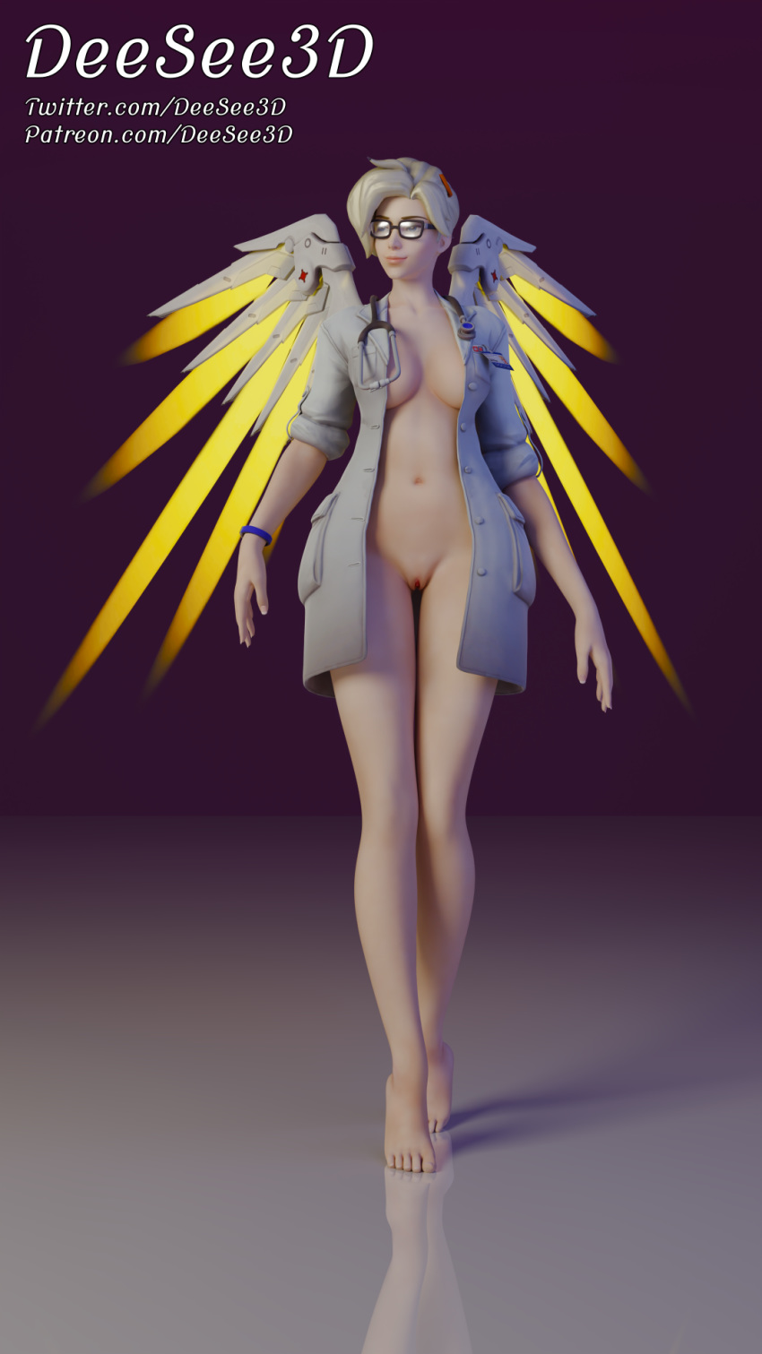 1girls 3d breasts deesee3d doctor feet glasses lab_coat lab_coat_only labcoat legs mercy nurse overwatch pussy tits vagina white_skin wings